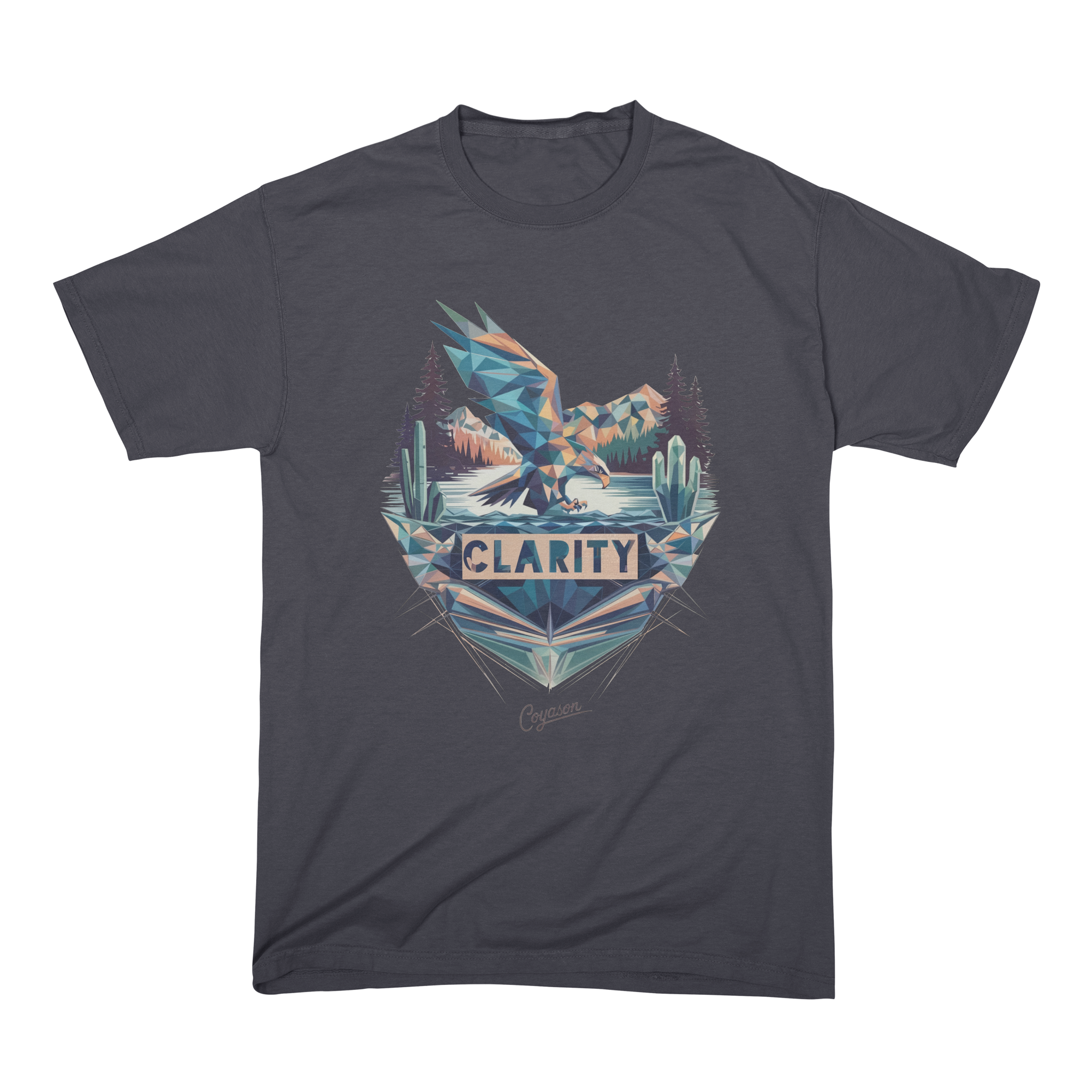 A charcoal t-shirt printed with the Clarity design, a faceted eagle stooping to a mountain lake above the word Clarity
