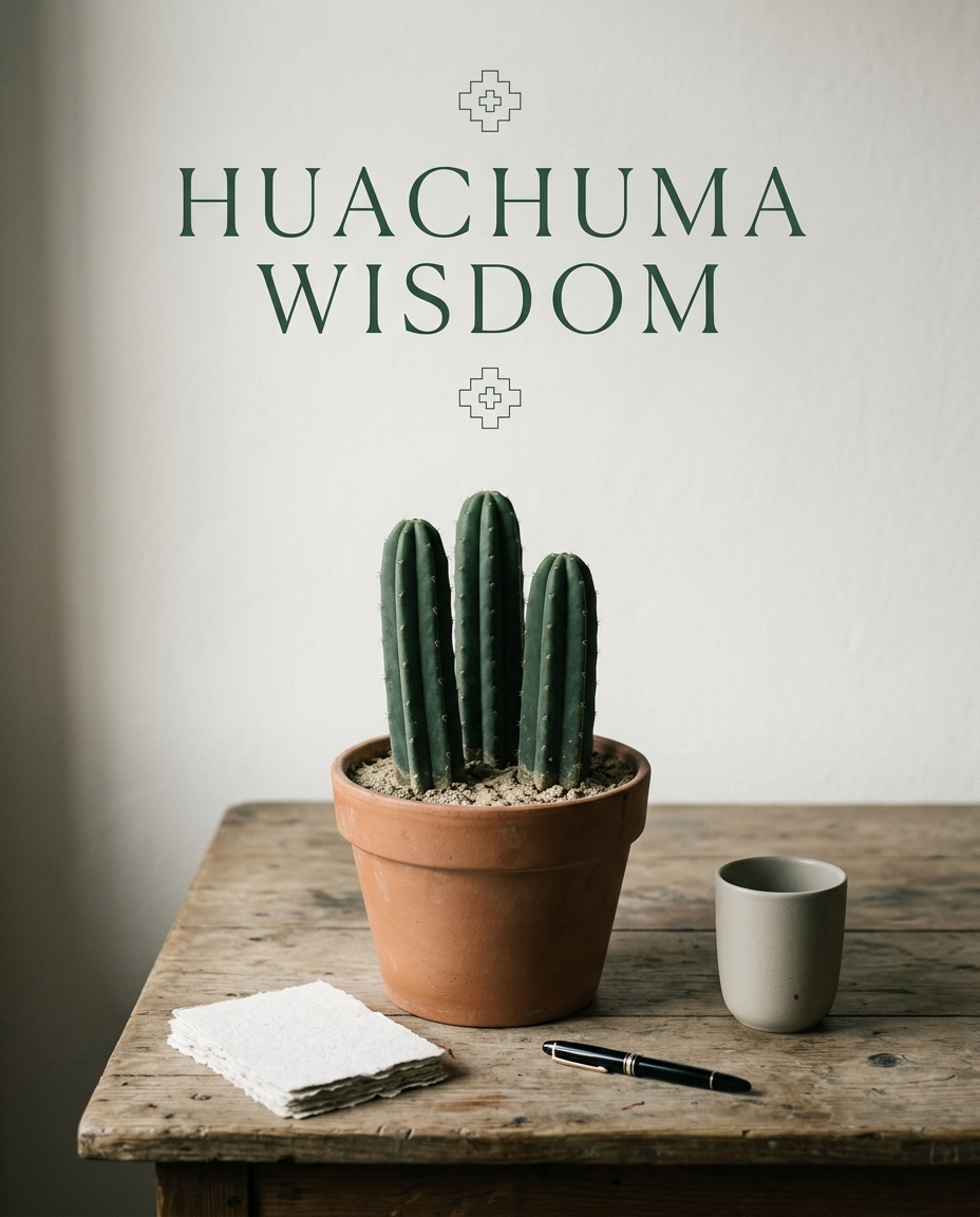Huachuma Wisdom, lettered above a terracotta pot of three young cactus columns standing on a wooden table, a chakana above the words and another below